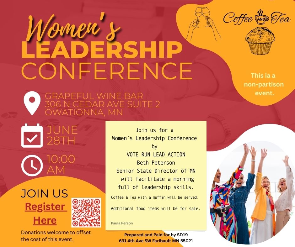 VRLAction's tweet image. 📣 Southern MN! Ready to lead in your community? Join us June 28 at 10AM in Owatonna for the Women's Leadership Conference. Gain practical tools, connect with local leaders, and take your first step into impactful leadership. bit.ly/3RQBPV6