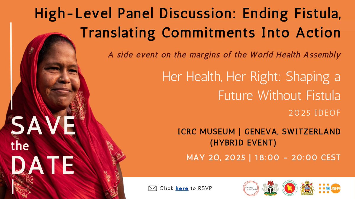 📢On 20 May, <a href="/UNFPA/">UNFPA</a> &amp; partners will host a high-level panel discussion at a #WorldHealthAssembly side event, commemorating the Int’l Day to End Obstetric Fistula. This year's theme is “Her Health, Her Right: Shaping a Future Without Fistula”. RSVP here: unf.pa/4m5aix0