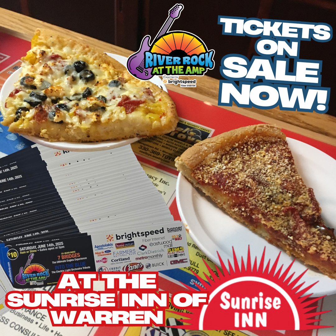 Get your pizza with a side of ROCK! River Rock tickets are on sale now at
- the <a href="/SunriseInnPizza/">Sunrise Inn of Warren</a> 
- riverrockattheamp.com
- the <a href="/EastwoodMallOH/">Eastwood Mall</a> customer service desk
- will be available at the gate

SEE YOU SOON AT THE AMP! 

#riverrockattheamp #summertime #outdoorconcertseries