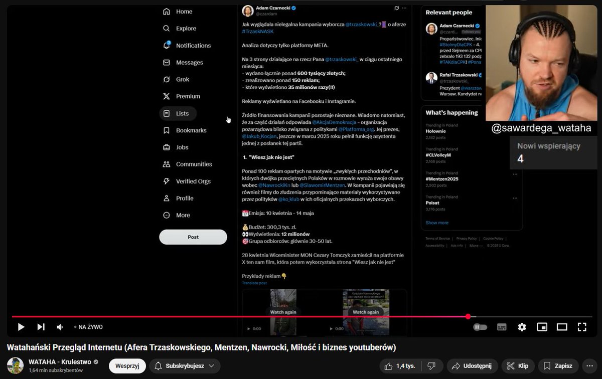 Cieszy, że afera #TrzaskNASK wychodzi poza Twittera - <a href="/sawardega/">SA Wardega</a> poruszył dziś temat nielegalnej kampanii Trzaskowskiego na swoim live, przytaczając mój wpis wraz z jej podsumowaniem.

I bardzo dobrze. Im więcej osób dowie się, co robił sztab Trzaskowskiego, tym lepiej 🫡

Na