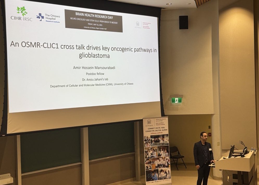 arezujahanilab's tweet image. Fantastic talk by @AHMansourabadi, our lab’s postdoctoral fellow, on ‘OSMR–CLIC1 crosstalk drives key oncogenic pathways in glioblastoma’!