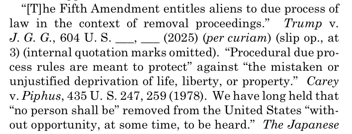 Supreme Court majority: Everyone in America, even immigrants, get due process. (See below)

Alito and Thomas, dissenting: For complex procedural reasons that we regularly ignore when we want to, we think immigrants should be deported to foreign torture chambers willy-nilly