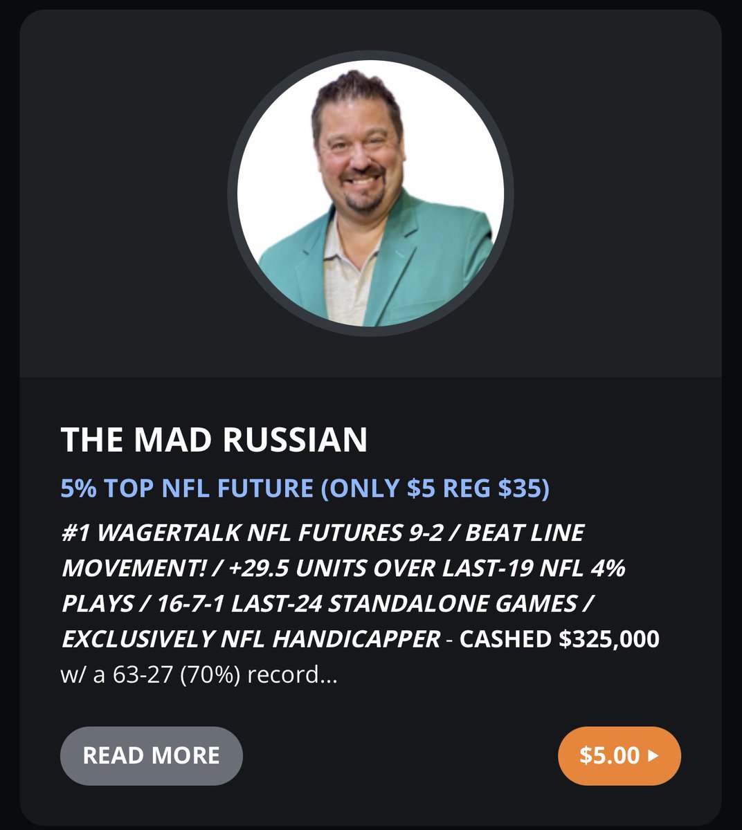 MadRussianNFL's tweet image. Purchase my TOP 5% NFL FUTURE PLAY for only $5 (Reg $35).  Beat the line movement!!! #1 at @WagerTalk  in NFL Futures (9-2 last season).  Early Bird NFL Full Season available for $499 (includes all futures and playoffs) Let’s make some MONEY! Head to wt.buzz/mr