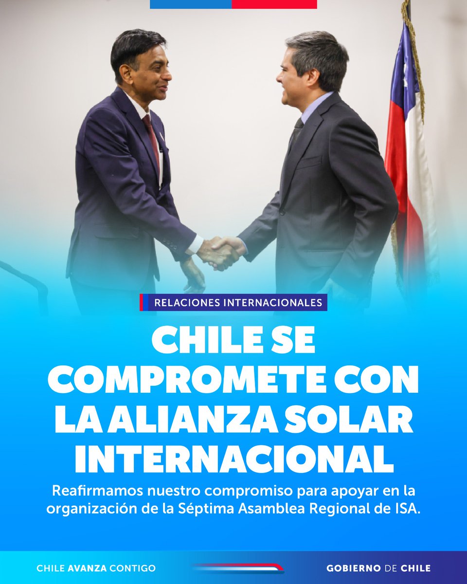 Chile será sede de la Séptima Asamblea Regional de la ISA. 🇨🇱⚡

Entre el 5 y 7 de agosto, nuestro país será sede de este encuentro que reunirá a representantes de más de 90 países para impulsar el desarrollo de la energía solar y reducir la dependencia de combustibles fósiles.