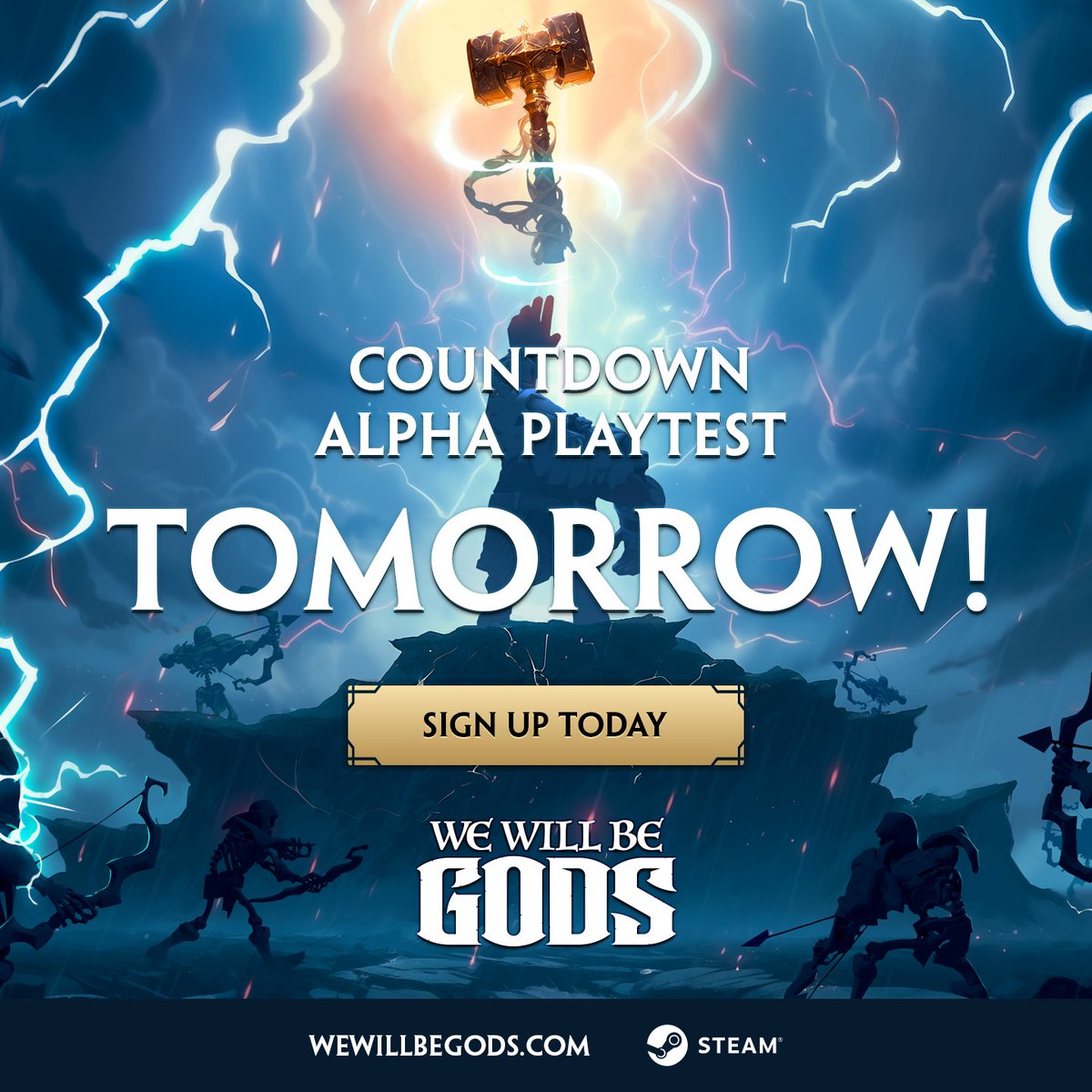 WeWillBeGods_'s tweet photo. ARM YOURSELVES — HAMARVAST CALLS! 
The Alpha Playtest of We Will Be Gods begins tomorrow!❗
Plunder resources, conquer foes, and rise above mortals.👑
Saturday, May 17 — the war begins.⚔️

#wewillbegods #gaming #FantasyGame #rpggame #strategygame #ActionGame #newgames #gamedev https://t.co/qOzcXfE4jl