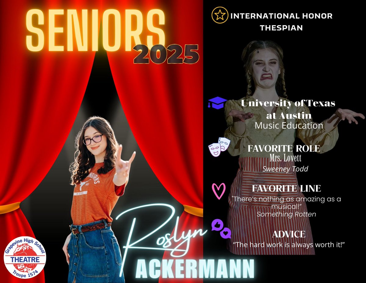 GHSTheatre1574 (@ghstheatre1574) on Twitter photo In honor of The Broadway Dallas Awards happening tonight, let's congratulate our Best Actress Nominee and International Honor Thespian, Roslyn Ackermann! <a href="/GCISDFineArts/">GCISD Fine Arts</a>
#SeniorSendOff #Classof2025 <a href="/bwaydallas/">Broadway Dallas</a> In honor of The Broadway Dallas Awards happening tonight, let's congratulate our Best Actress Nominee and International Honor Thespian, Roslyn Ackermann! <a href="/GCISDFineArts/">GCISD Fine Arts</a>
#SeniorSendOff #Classof2025 <a href="/bwaydallas/">Broadway Dallas</a>