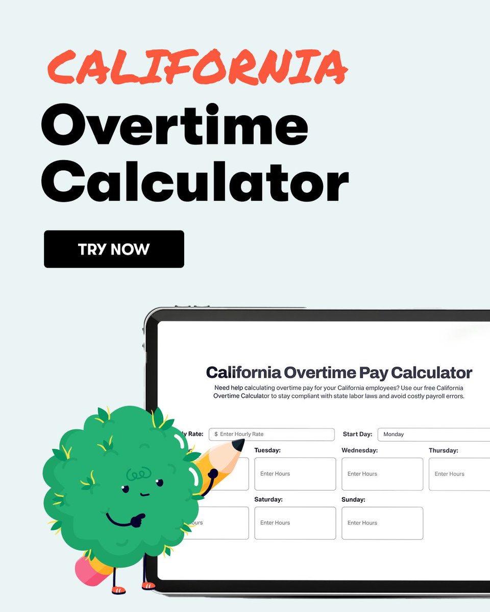 kayapush's tweet image. Confused by California’s overtime rules? 😵‍💫 Our free calculator makes it easy to calculate overtime &amp;amp; double time — so your dispensary stays compliant and your team gets paid right.

Try it now: web.kayapush.com/4kkegjD

#Compliant #OvertimeRules #BusinessTips
