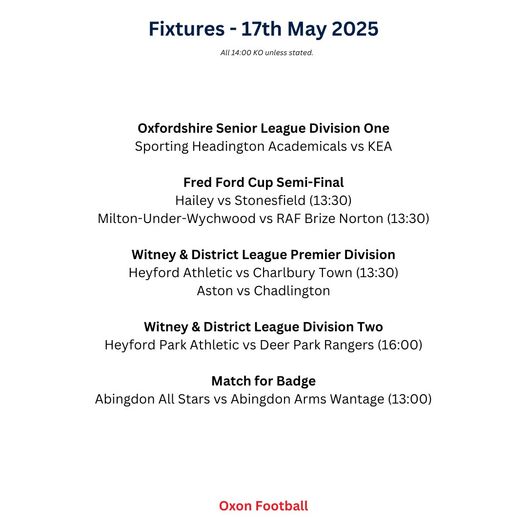 Oxon Football (@oxonfootball) on Twitter photo SATURDAY FIXTURES
The final league games of the season are being played today, as are the Fred Ford Cup semi-finals and the Match for Badge at <a href="/Abutdfc/">Abingdon United FC</a>. SATURDAY FIXTURES
The final league games of the season are being played today, as are the Fred Ford Cup semi-finals and the Match for Badge at <a href="/Abutdfc/">Abingdon United FC</a>.