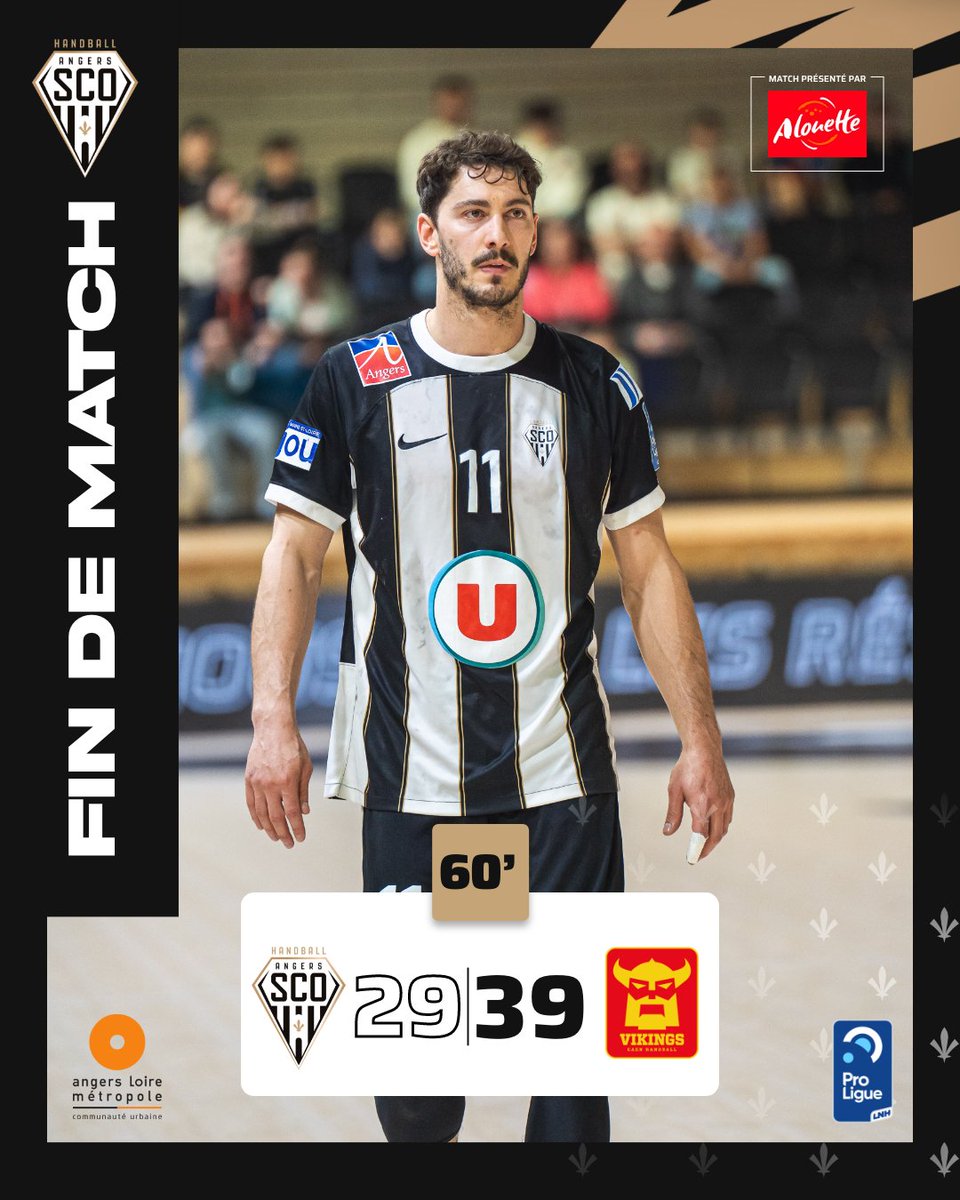 SCOHandball's tweet photo. 𝗙𝗜𝗡 𝗗𝗨 𝗠𝗔𝗧𝗖𝗛
Angers SCO Handball s’incline 29-39 face à Caen pour cette dernière rencontre de la saison.
Merci à toutes et à tous pour votre soutien tout au long de l’année ! 👊🖤🤍
#SportAngers #angerssco #teamsco #LaForceDuSCO #LaDalleAngevine #Proligue #LNH https://t.co/LEi81cc4Sf