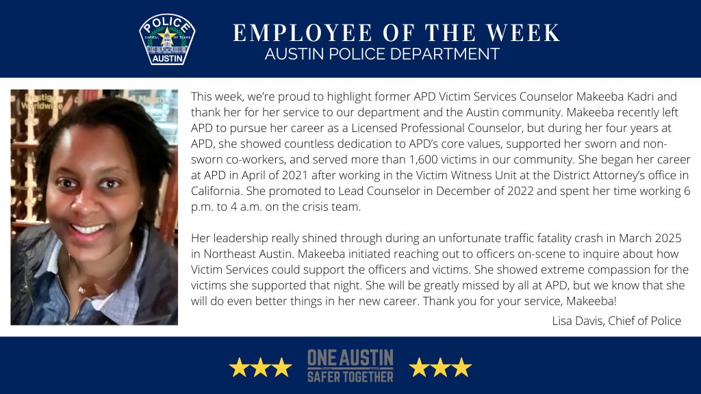 APDChiefDavis's tweet image. I am pleased to honor a former employee as this week’s Employee of the Week! Makeeba, thank you for your service to our Department, and our community. I wish you the best of luck and know you will continue to do wonderful things!