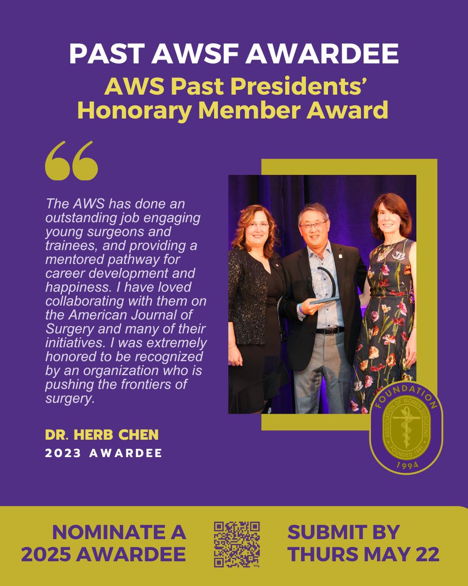 🌟 AWSF Award Nominations Due Soon - Celebrate Excellence in Surgery by May 22!🌟

womensurgeons.org/awards

This week we are spotlighting past awardees who shared how meaningful this recognition was for them, and why your nomination matters.

#womensurgeons