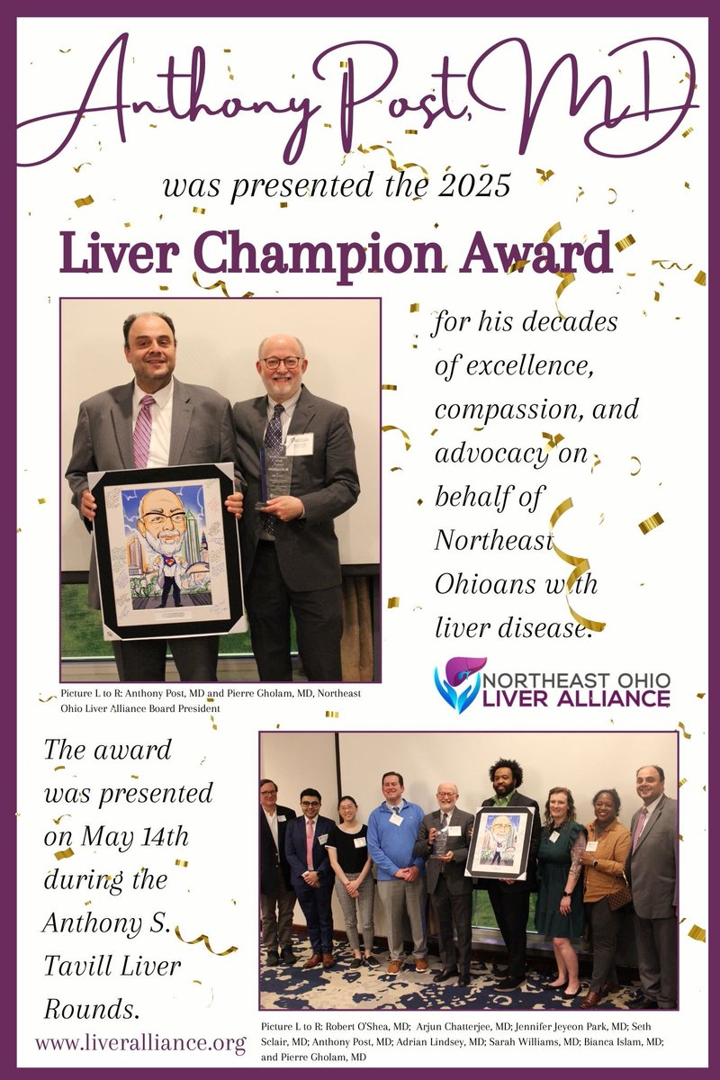 OHIOLIVER's tweet image. Join us in congratulating Dr. Anthony Post on receiving the Liver Champion Award, presented May 14th. You can make a donation in Dr. Post's honor to support the Tavill Liver Rounds, ensuring access to this excellent resource to mentoring. Donate here.
app.etapestry.com/.../donate-Tav…