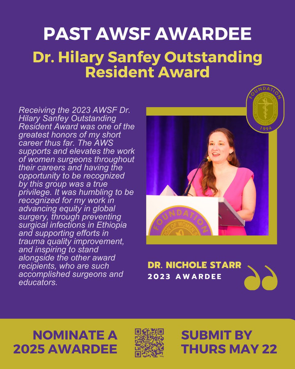 🌟 AWSF Award Nominations Due Soon - Celebrate Excellence in Surgery by May 22!🌟

womensurgeons.org/awards

This week we are spotlighting past awardees who shared how meaningful this recognition was for them, and why your nomination matters.

#womensurgeons