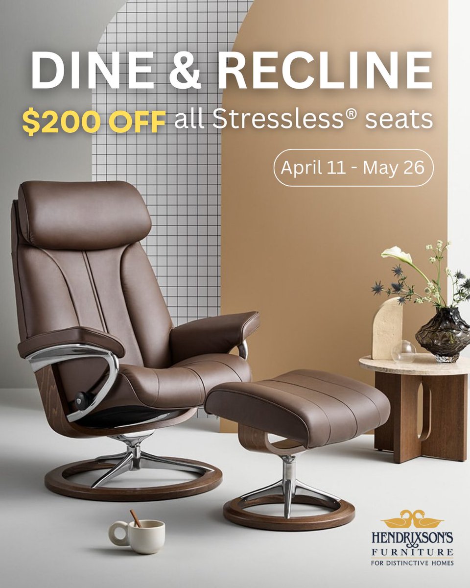 🍽️🛋️ Stressless® Dine &amp; Recline Event

Now thru May 26 — get $200 OFF per seat at Hendrixson’s!

Unmatched comfort for dining &amp; relaxing in style.

📍 Visit our showroom to try it today!

#Stressless #Hendrixsons #FurnitureSale