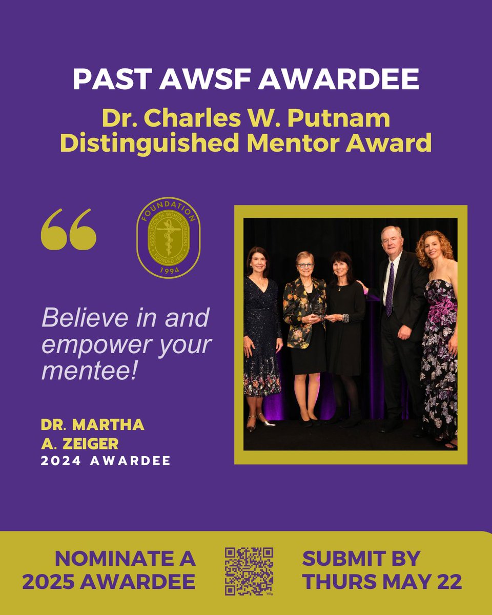 🌟 AWSF Award Nominations Due Soon - Celebrate Excellence in Surgery by May 22!🌟

womensurgeons.org/awards

This week we are spotlighting past awardees who shared how meaningful this recognition was for them, and why your nomination matters.

#womensurgeons