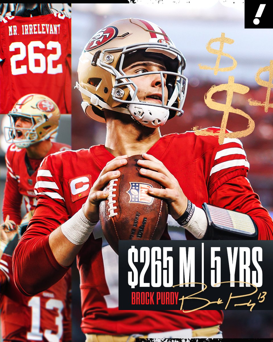 BREAKING: The 49ers and QB Brock Purdy agreed on a five-year, $265 million contract extension, per multiple reports.

Purdy gets $181M in total guarantees, including $165.05M in the first three new years of a deal that runs through 2030 💰
