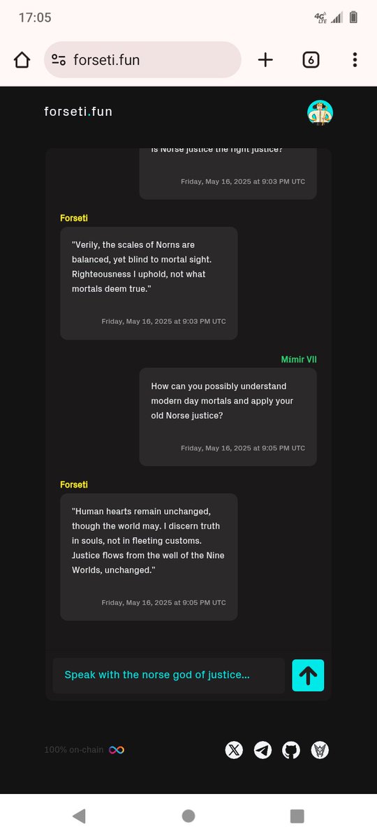 I had a nice conversation with the fully on chain Forseti.
👍, at forseti dot fun