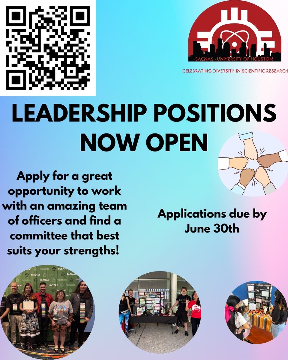 We are now accepting applications for officer positions! Whether you're looking to be part of an amazing team, opportunities to hone your leadership skills, or want to get more involved in your community, you can find what you're searching for in SACNAS! Apply by June 30th