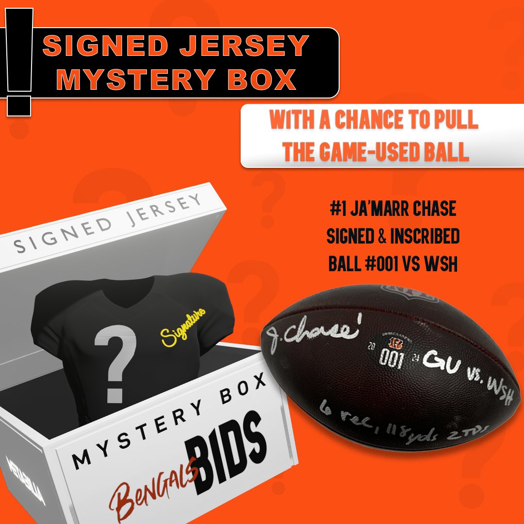 🚨 WHO DEY, CINCINNATI! UNLOCK POTENTIAL CHASE GOLD! 🚨 Jungle fans, feeling lucky? 👀 Grab a Bengals Mystery Box for the opportunity to get some great Bengals merchandise, plus a CHANCE TO PULL a #1 Ja'Marr Chase Signed &amp; Inscribed Game-Used Ball #001! 🏈
