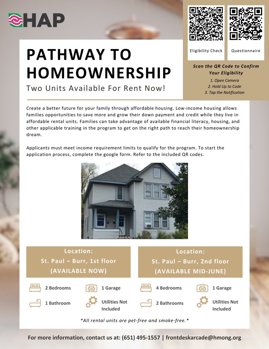 🏡 Affordable housing in St. Paul!

HAP has 2 rental units available:
📍 2BR/1BA (1st Floor)
📍 4BR/2BA (2nd Floor)
🚫 Pet-free &amp; smoke-free
💡 Utilities not included
✨ Affordable rent + support programs

📲 Apply: forms.office.com/r/cXGgEdxida
📞 (651) 495-1557