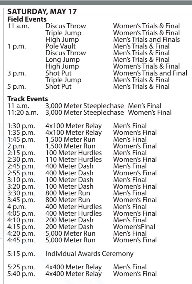 NDSUTrackField's tweet photo. Revised Summit League Outdoor Championships schedule for Saturday. https://t.co/Uqnm3twHBP