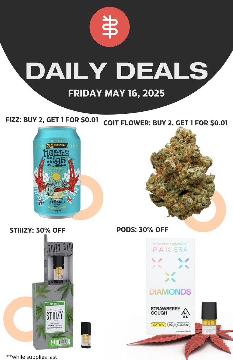 trybasasf's tweet image. 🔥 Friday Deals are on at BASA! 🔥
Kick off the weekend with fresh specials on your favorite products — flower, edibles, vapes &amp;amp; more.

#BASAdispensary #FridayVibes #CannabisCommunity