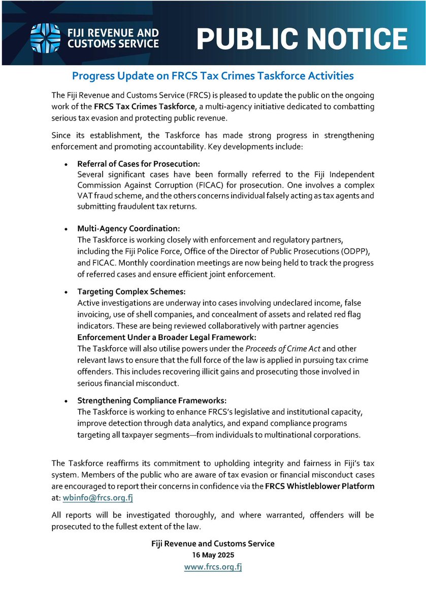 Fiji Independent Commission Against Corruption (@ficac_official) on Twitter photo Progress Update on <a href="/fiji_revenue/">Fiji Revenue and Customs Service</a> Tax Crimes Taskforce Activities.
hashtag#TaxCrimesTaskForce hashtag#FICAC hashtag#FRCS Progress Update on <a href="/fiji_revenue/">Fiji Revenue and Customs Service</a> Tax Crimes Taskforce Activities.
hashtag#TaxCrimesTaskForce hashtag#FICAC hashtag#FRCS