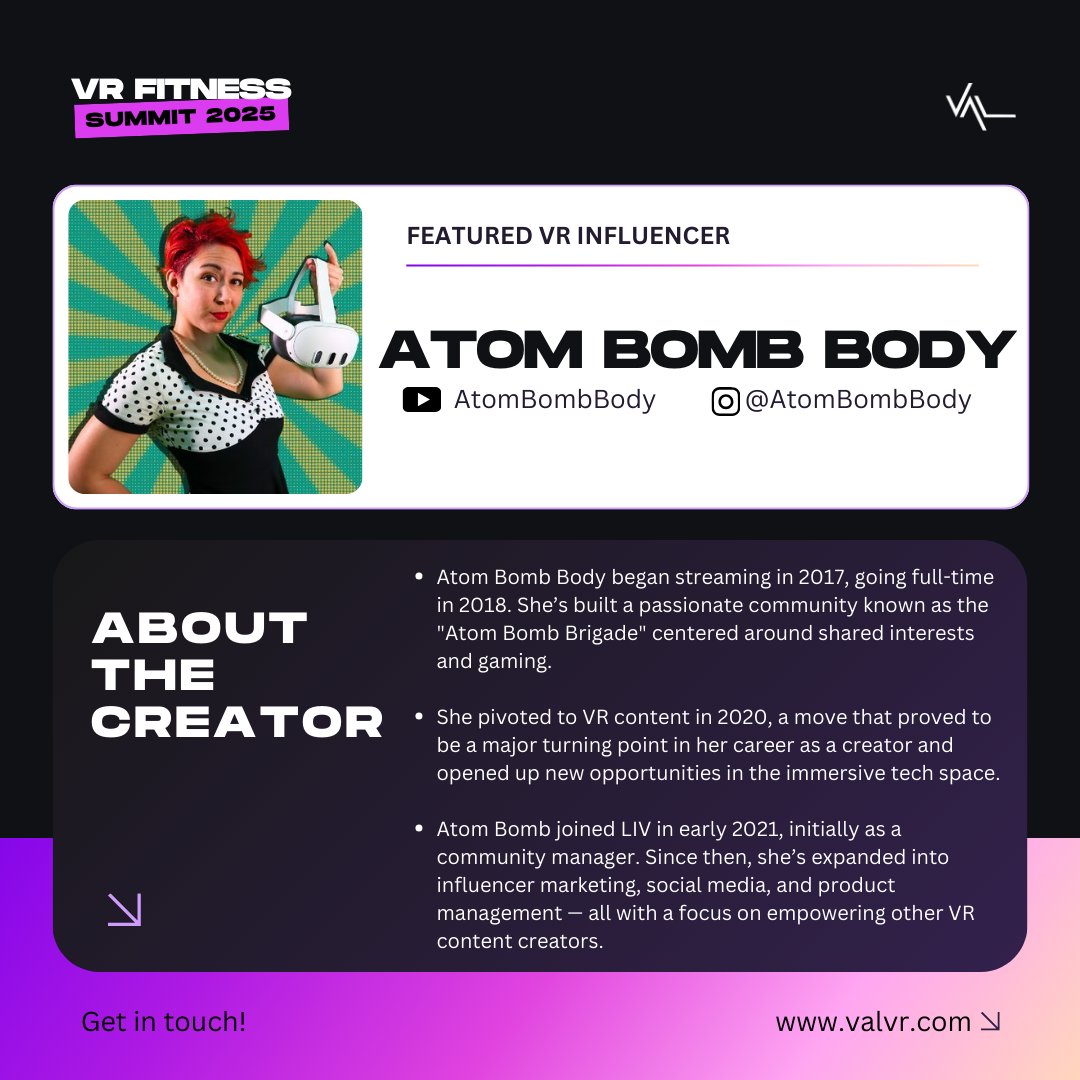 Get ready to meet a few of the incredible VR influencers we're teaming up with for our VR Fitness Summit! Say hello to...

✨ <a href="/tnybeats/">tnybeats ➡️ 🦋 tnybeats.bsky.social</a>
✨ <a href="/NikitaFajitaa/">Nikita Fajitaa</a>
✨ <a href="/AtomBombBody/">AtomBombBody🔜AWE</a>

Make sure you register with the 🔗 in our bio!