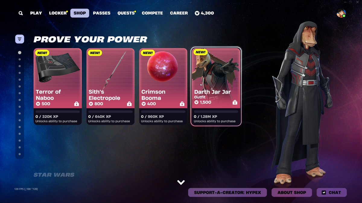 HYPEX's tweet image. DARTH JAR JAR IS OUT — STLL NO LIGHTSABERS ❌

GET HIM HERE (AFTER XP): fortnite.com/item-shop?crea…
Use code &quot;HYPEX&quot; if you&apos;d like to support me ❤️ #EpicPartner