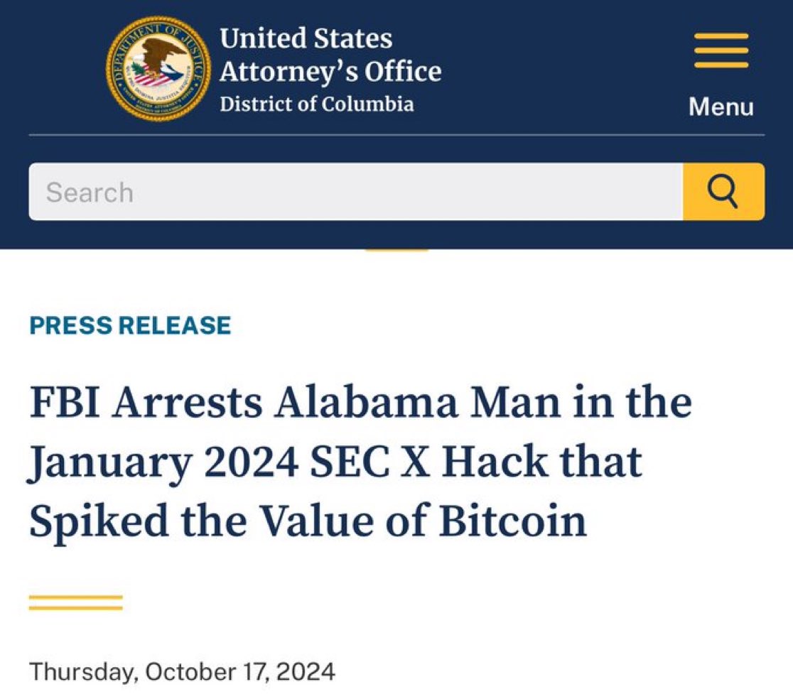 앨라배마주 남성, 징역 14개월 선고 SEC의 X 계정을 해킹하고 가짜 비트코인 ​​ETF 승인 트윗을 게시한 혐의로 기소 * 쉿코인  팔아야했나 왜 해킹을 하나 그것도 SEC를 🤣