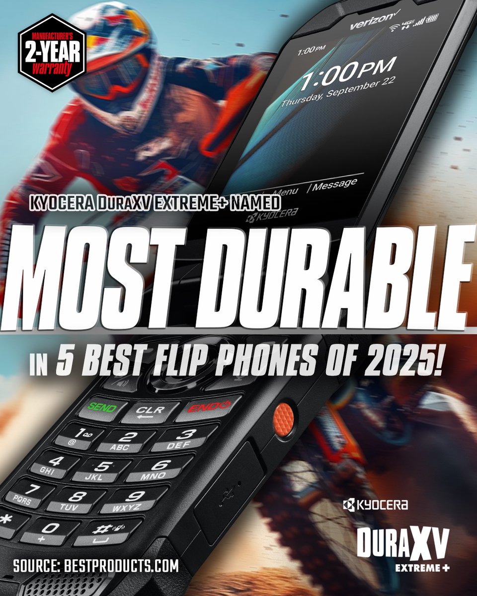💥🏆 MOST DURABLE 

Kyocera #DuraXVExtreme+ earns spot in The 5 Best Flip Phones of 2025 by BestProducts.com! 👏

Read the article ⤵
bestproducts.com/tech/electroni…

#Kyocera #KyoceraMobile #FlipPhones #RuggedPhones #MostDurablePhones #DuraXVExtremePlus <a href="/Verizon/">Verizon</a> <a href="/VerizonBusiness/">Verizon Business</a>
