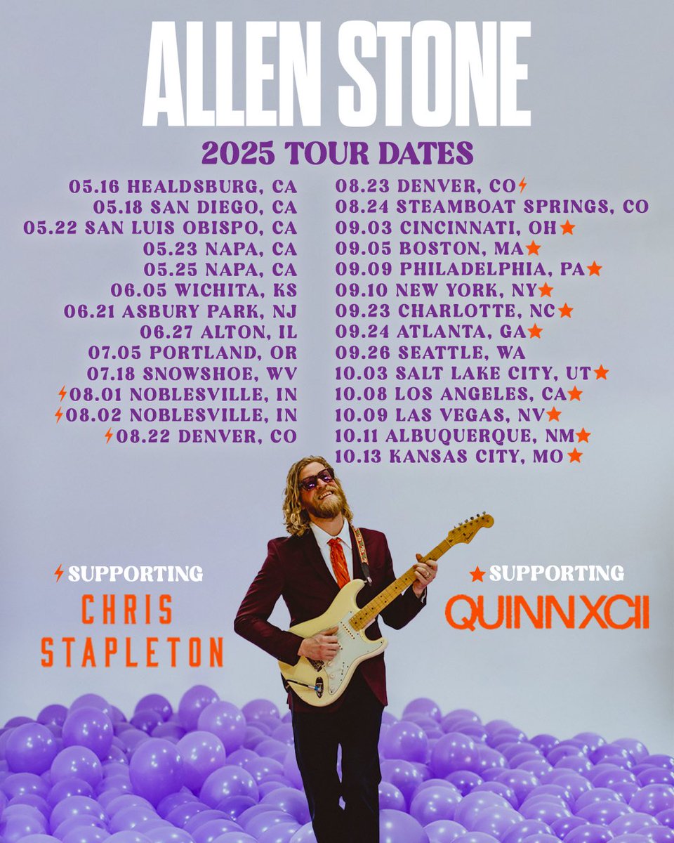 Allen Stone (@allenstone) on Twitter photo Let’s do this! So pumped to be hitting the road 💜 Can’t wait to play some tunes with <a href="/ChrisStapleton/">Chris Stapleton</a> and <a href="/QuinnXCII/">Quinn XCII</a> —gonna be a blast 😁
Grab your tix now at allenstone.com and I’ll see you out there Let’s do this! So pumped to be hitting the road 💜 Can’t wait to play some tunes with <a href="/ChrisStapleton/">Chris Stapleton</a> and <a href="/QuinnXCII/">Quinn XCII</a> —gonna be a blast 😁
Grab your tix now at allenstone.com and I’ll see you out there