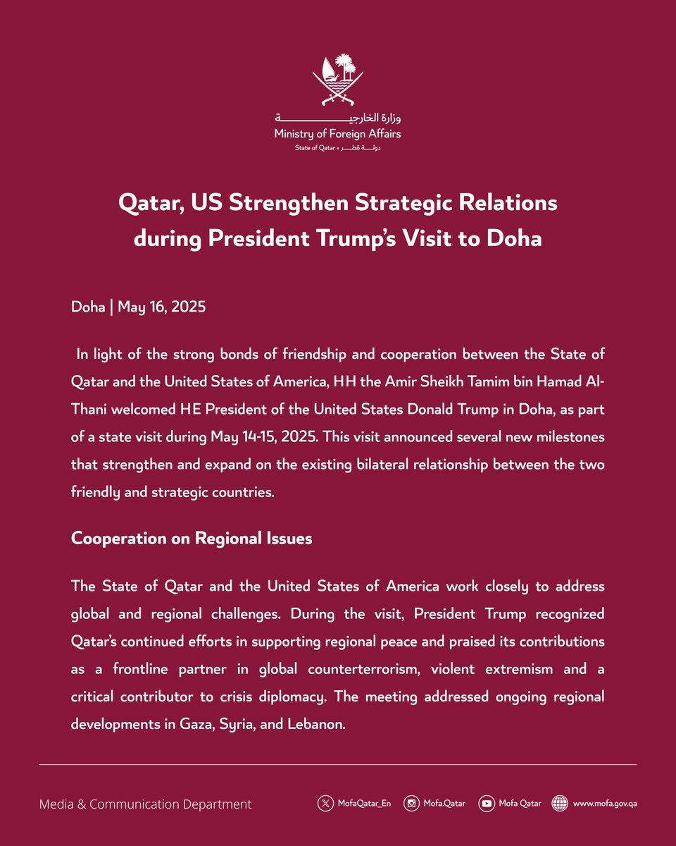 MofaQatar_EN's tweet photo. Qatar, US Strengthen Strategic Relations during President Trump's Visit to Doha

#MOFAQatar https://t.co/GPxqDYOzPf