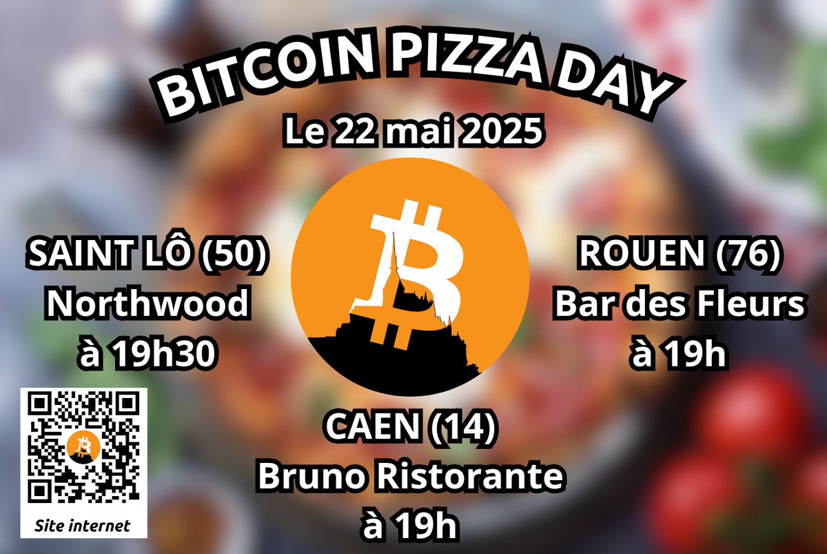 #BitcoinPizzaDay – Jeudi 22 mai 2025
Viens célébrer la transaction la plus savoureuse de l’histoire du #BTC autour d'une #pizza !

RDV à 19h :

Bar des Fleurs à #Rouen

Bruno Ristorante à #Caen

À 19h30 :

Northwood à #Saint-Lô

Pour les curieux, débutants ou passionnés !