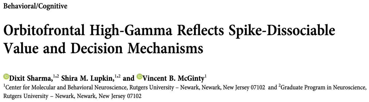 Dixit Sharma, PhD (@dixitsheron) on Twitter photo 🚀Excited to share our preprint is now in #JNeurosci
<a href="/SfNJournals/">SfN Journals</a>!
We show that #OFC high-gamma isn't just aggregated spiking (or noise)—it reflects #value and #decision components that spikes alone don’t capture!
🔗tinyurl.com/hgspikes
With <a href="/McGintyNeuro/">McGinty Neuroeconomics Lab</a> <a href="/shira_lupkin/">Shira Lupkin</a> 🚀Excited to share our preprint is now in #JNeurosci
<a href="/SfNJournals/">SfN Journals</a>!
We show that #OFC high-gamma isn't just aggregated spiking (or noise)—it reflects #value and #decision components that spikes alone don’t capture!
🔗tinyurl.com/hgspikes
With <a href="/McGintyNeuro/">McGinty Neuroeconomics Lab</a> <a href="/shira_lupkin/">Shira Lupkin</a>