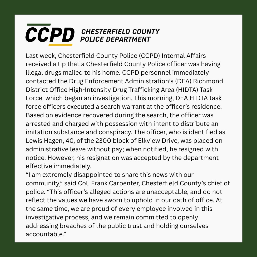 Chesterfield Police (@ccpdva) on Twitter photo Statement from <a href="/CCPDVa/">Chesterfield Police</a> below. It is also available here: tinyurl.com/25kx6ash Statement from <a href="/CCPDVa/">Chesterfield Police</a> below. It is also available here: tinyurl.com/25kx6ash