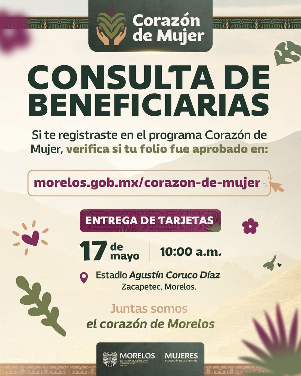 ¿Te registraste en el programa Corazón de Mujer? Consulta tu folio, verifica que has sido beneficiaria y acompáñanos este 17 de mayo a las 10:00 a.m. en el Estadio Agustín "Coruco" Díaz.

Juntas damos vida al corazón de Morelos ➡️ mixtli.morelos.gob.mx/index.php/s/kY…

#LaTierraQueNosUne