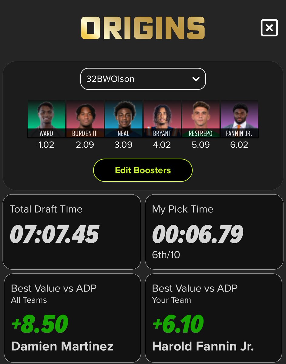 Honestly this is probably my favorite Origins <a href="/fastdraftapp/">FastDraft Fantasy</a> team to date.

Burden that late was pretty amazing!

If you aren’t playing FastDraft get started with promo code “32BW” and they’ll match up to $50.

Head over to fastdraft.app to get drafting!