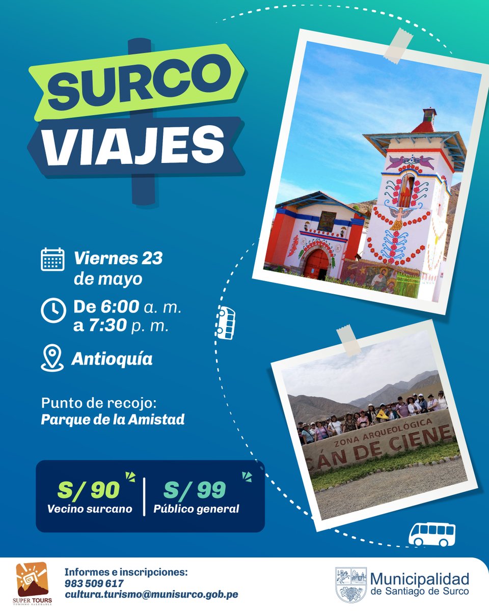 munisurco1's tweet photo. Antioquía es color, historia y encanto natural 🎨🌄. Este 23 de mayo, acompáñanos en un viaje lleno de cultura y paisajes únicos. ¡No te lo puedes perder!
🚌 Salida desde el Parque de la Amistad.
👉 Inscríbete aquí: https://t.co/GhZt33pfxU
#SurcoSigueMejorando https://t.co/2IBA2LQ09k