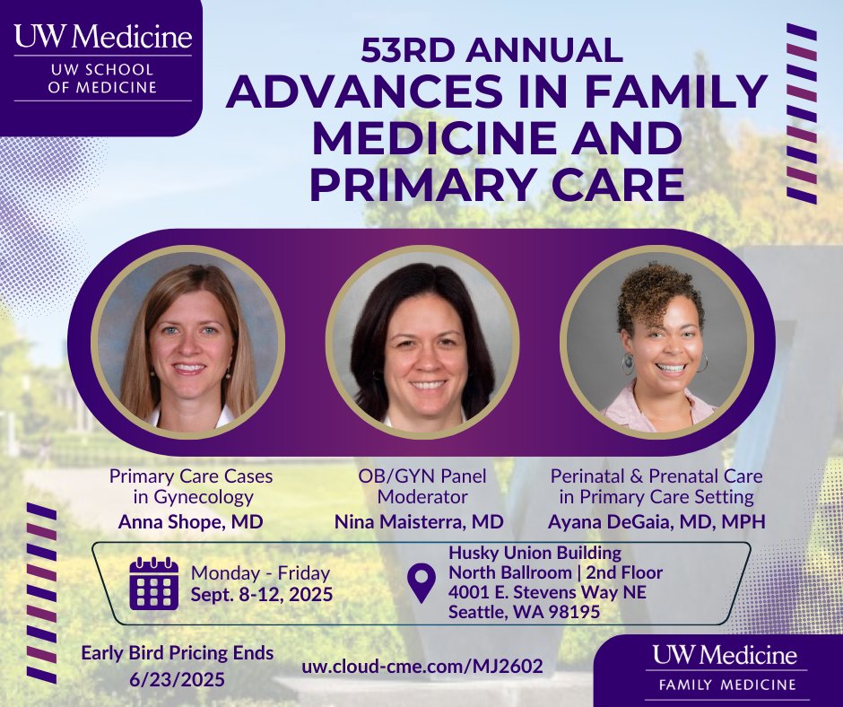 UW CME (@uwcme) on Twitter photo 🏥 Join us for the 53rd Annual Advances in Family Medicine & Primary Care!
🎓 Up to 35 CME credits
🎟️ Early bird ends June 23!
🔗 cloud-cme.com/MJ2602
#FamilyMedicine #PrimaryCare #MedicalConference <a href="/UWMedicine/">UW Medicine</a> <a href="/uwfm/">UW Family Medicine</a> <a href="/uwfmres/">University of Washington Family Medicine Residency</a> <a href="/fac_uw/">UW School of Medicine Faculty Affairs</a> @DermatologyUW 🏥 Join us for the 53rd Annual Advances in Family Medicine & Primary Care!
🎓 Up to 35 CME credits
🎟️ Early bird ends June 23!
🔗 cloud-cme.com/MJ2602
#FamilyMedicine #PrimaryCare #MedicalConference <a href="/UWMedicine/">UW Medicine</a> <a href="/uwfm/">UW Family Medicine</a> <a href="/uwfmres/">University of Washington Family Medicine Residency</a> <a href="/fac_uw/">UW School of Medicine Faculty Affairs</a> @DermatologyUW