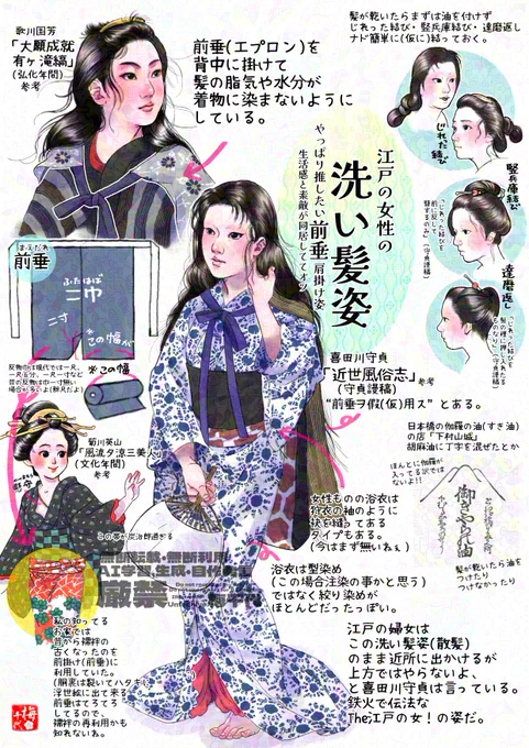 江戸の女性の洗い髪姿。前垂(まえだれ)…エプロンを肩に掛けている。
ちょっと「えっ」と思う姿がとても好き。
(前垂ケープ姿がいくつか浮世絵にあるので、この続きも描いている)
#江戸時代 #衣装考証 #art #illust #illustration #イラスト #歴史 #着物 #きもの #絵 #日本史 