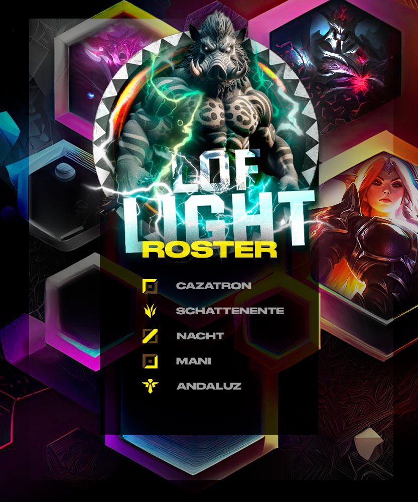 Desde los cielos resplandece su poder... firmes, imponentes y veloces como el relámpago. ¡Este es el roster de LOF LIGHT!⚡️ 

🛡️<a href="/Cazatron_0/">Cazatron</a>
🌲<a href="/_Yoldan_/">Schattenente</a>
🔮<a href="/Nacht1618/">Nacht</a>
🏹<a href="/NotMaanii/">Me llaman Mani</a>
⛑️<a href="/jose_ant29/">jose</a>

🧠<a href="/imdemongirl/">Demon Girl❤️‍🔥</a>