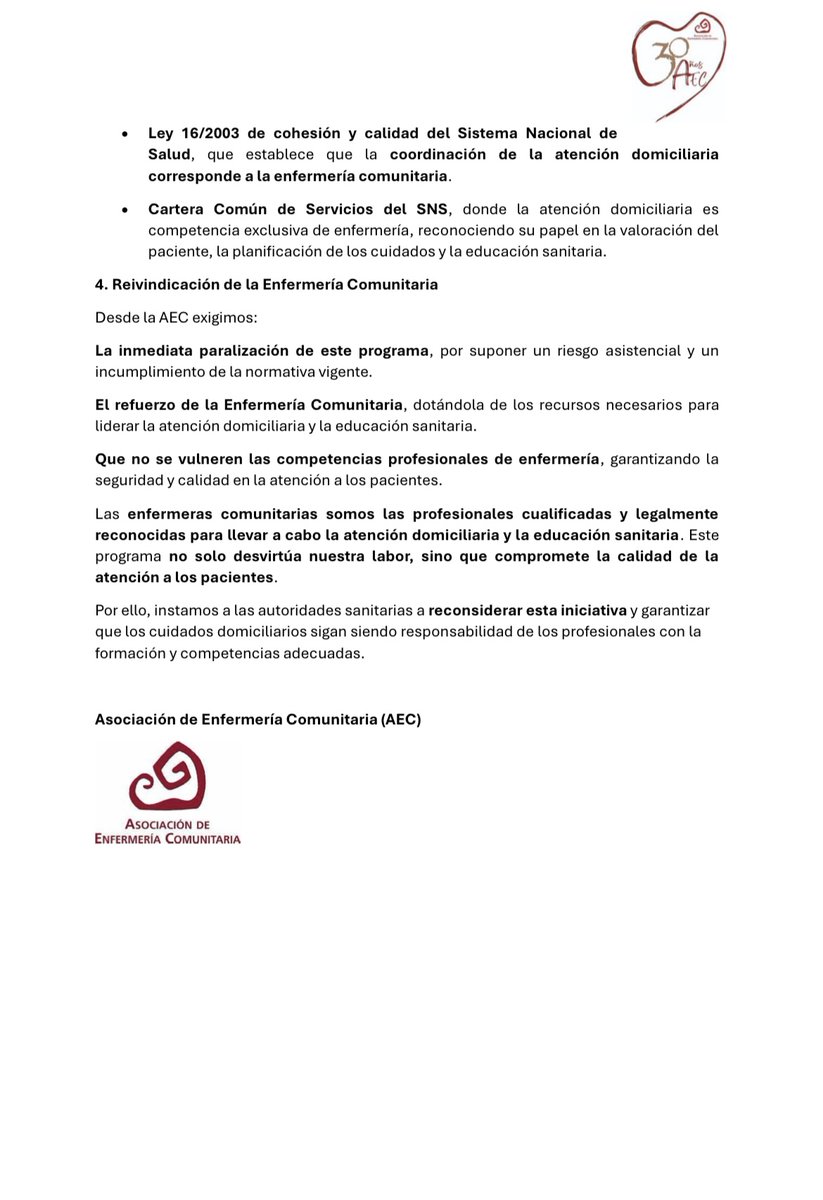 POSICIONAMIENTO DE LA AEC SOBRE “EL PROGRAMA DE ATENCIÓN EN DOMICILIO, POR PARTE DE AUXILIARES TCAE, DEL DEPARTAMENTO DE SALUD CLINICO” 
Noticia: enfermeriacomunitaria.org/web/index.php/…
