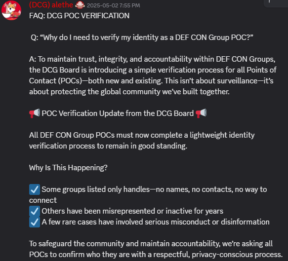 t0x0pg's tweet image. Hey @defcongroups @defcon @AletheDenis stop acting brand new. Even this one message is 100% untrustworthy-is there no stored data, or is the stored data only shared with "the board"? Will the board also share their PII/ID with each group POC? Leave this BS in the corporate world.