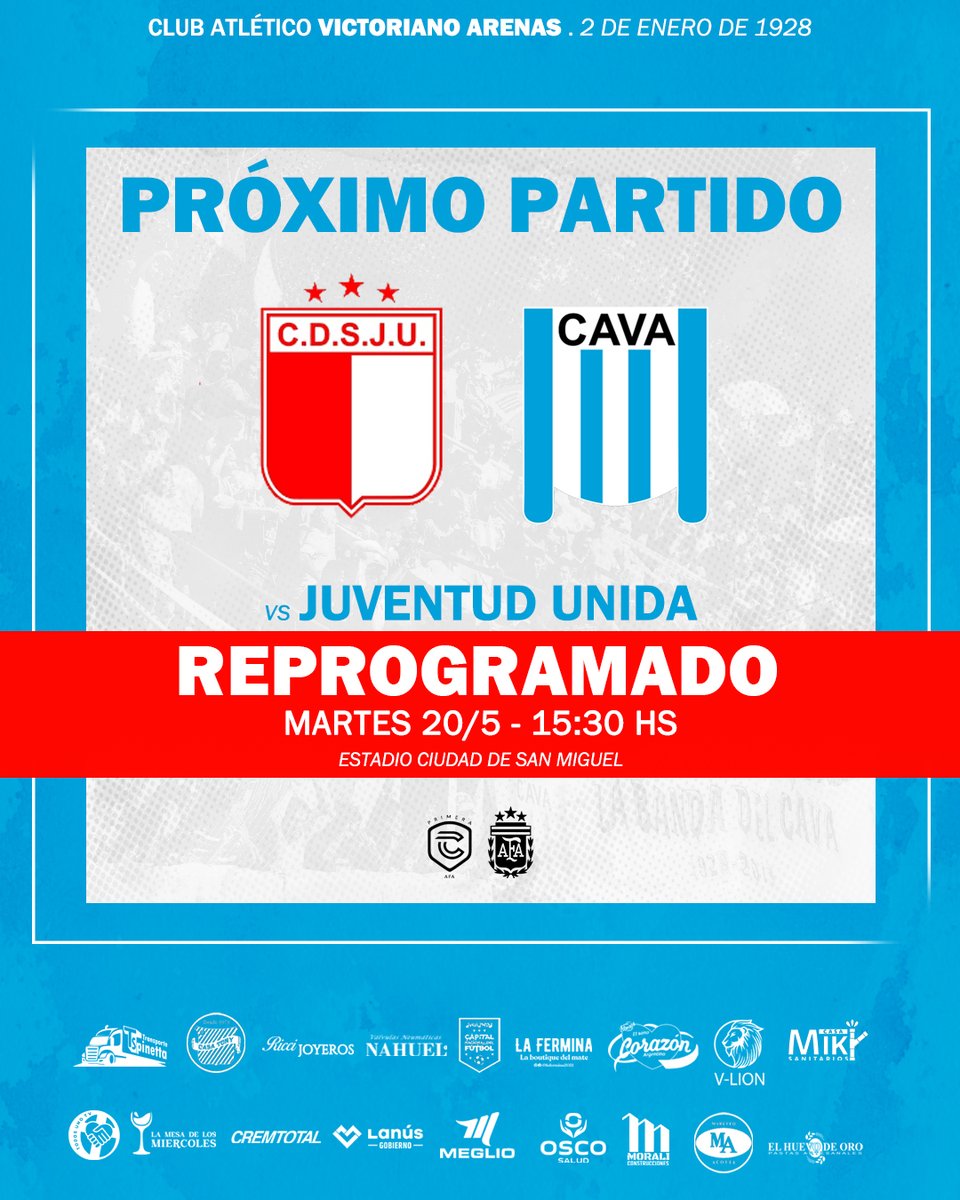 🚨 ¡𝗣𝗔𝗥𝗧𝗜𝗗𝗢 𝗥𝗘𝗣𝗥𝗢𝗚𝗥𝗔𝗠𝗔𝗗𝗢!

Debido a las inclemencias meteorológicas 🌧️ el partido que iba a jugarse mañana se programó para el martes 20 de mayo a las 15:30 hs

#VamosVictoriano 🩵🤍
