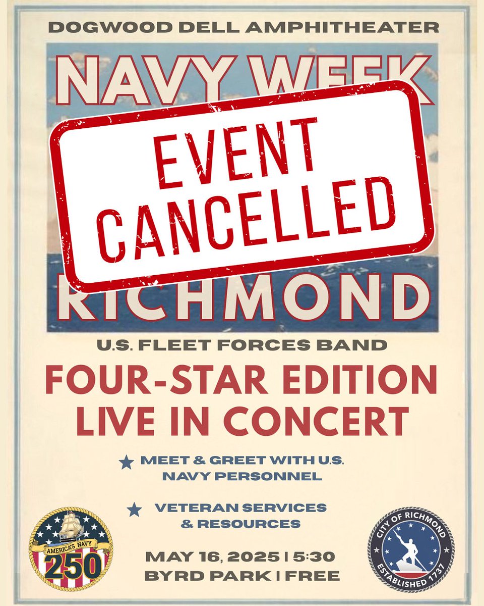 rvaparksandrec's tweet image. 🚨 Event Update: Richmond Navy Week Concert at Dogwood Dell Canceled Due to Weather
Due to unfavorable weather conditions, tonight’s Richmond Navy Week concert at Dogwood Dell has been canceled.
We apologize for any inconvenience and appreciate your understanding