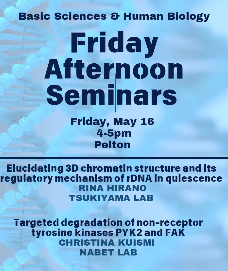 Hutch Basic Sciences (@hutchbasicsci) on Twitter photo We have two great talks lined up for the final Friday Afternoon Seminars of the season!
For everyone @FredHutch, join us at 4pm in Pelton to hear about the latest discoveries from Rina Hirano in the <a href="/ToshioTsukiyama/">Toshio Tsukiyama</a> Lab and Christina Kuismi in Human Biology’s <a href="/behnamnabet/">Behnam Nabet</a> Lab. We have two great talks lined up for the final Friday Afternoon Seminars of the season!
For everyone @FredHutch, join us at 4pm in Pelton to hear about the latest discoveries from Rina Hirano in the <a href="/ToshioTsukiyama/">Toshio Tsukiyama</a> Lab and Christina Kuismi in Human Biology’s <a href="/behnamnabet/">Behnam Nabet</a> Lab.