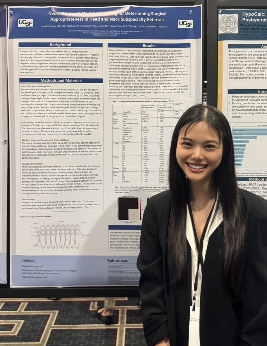 UCSF MS3 Angeline Truong crushed it at COSM AHNS, presenting work on using ML (in collab w/ <a href="/IIAMhealth/">IIAM</a>) to determine surgical appropriateness of H&amp;N referrals. With UCSF faculty Katherine Wai Patrick Ha, and <a href="/NicoleJiam/">Nicole T. Jiam, MD</a> on the team!
#Innovation #OHNSInnovation #UCSFOHNS