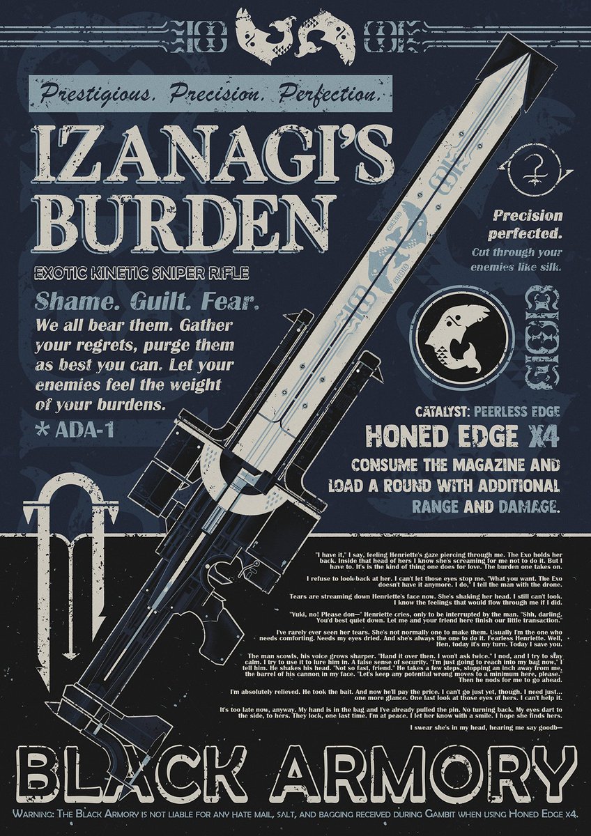 ChromelxD's tweet image. BRAND YOUR GUARDIAN // The Black Armory / Izanagi's Burden / Le Monarque / Jötunn
@D2ArtEvents #destiny2 #destiny2art #brandyourguardian