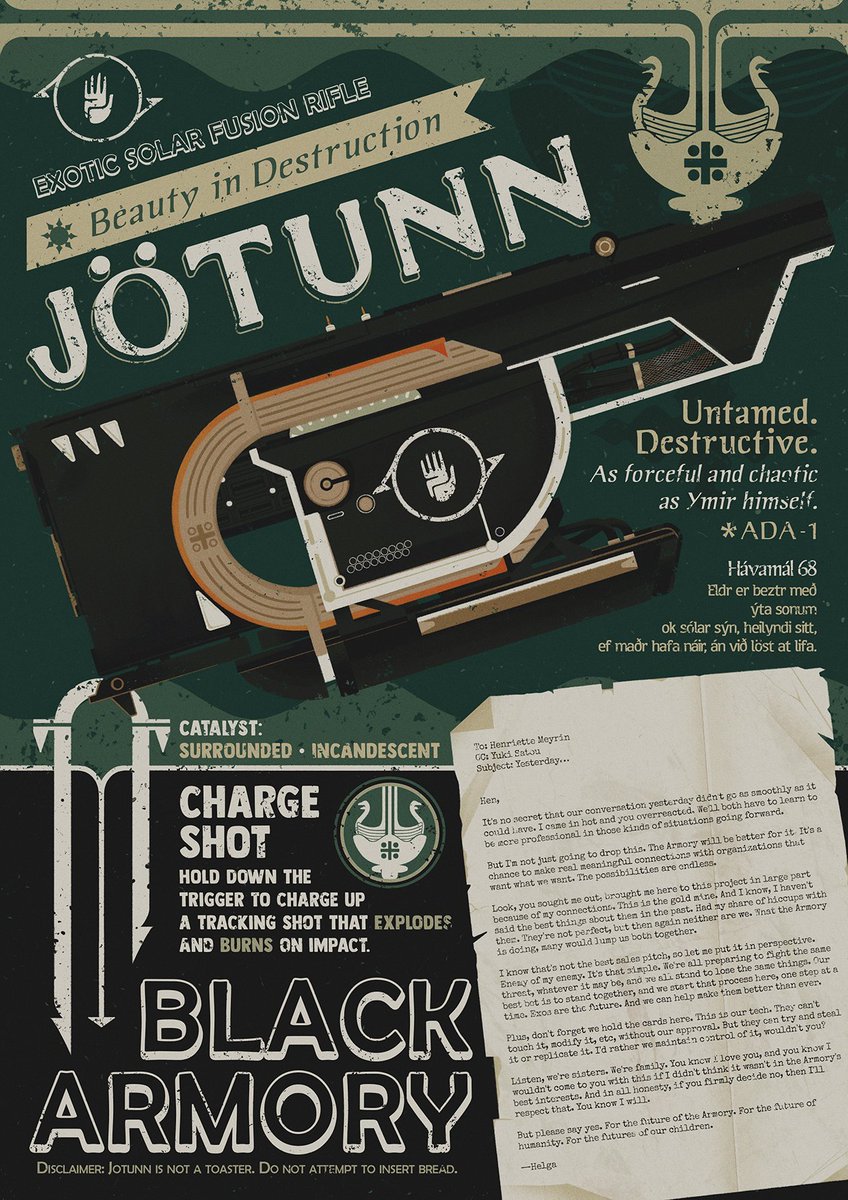 ChromelxD's tweet image. BRAND YOUR GUARDIAN // The Black Armory / Izanagi's Burden / Le Monarque / Jötunn
@D2ArtEvents #destiny2 #destiny2art #brandyourguardian